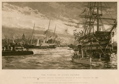 Pogrzeb królowej Wiktorii. Królewski jacht Alberta, niosący ciało królowej, wchodzący do portu Portsmouth o zachodzie słońca autorstwa Charles John de (after) Lacy