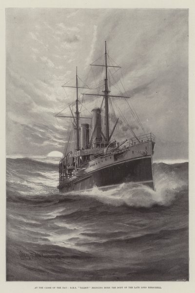 Pod koniec dnia HMS Talbot przynosi do domu ciało zmarłego lorda Herschella autorstwa Charles John de Lacy