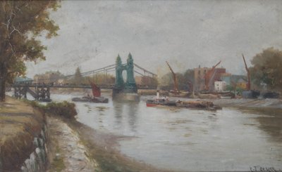 Hammersmith Bridge - obecny - po 1887 - patrząc od brzegu Surrey autorstwa Charles John de Lacy