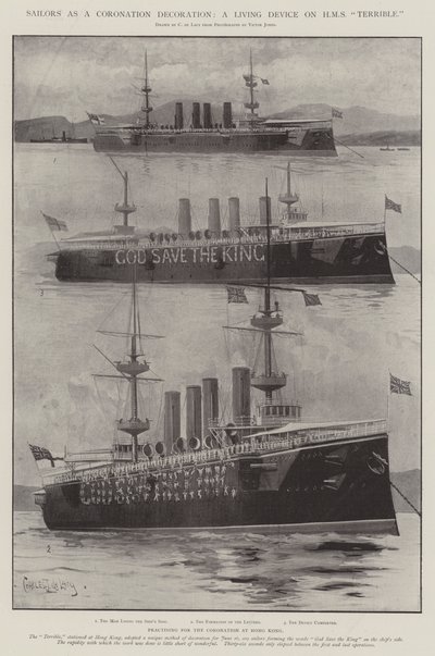 Żeglarze jako dekoracja koronacyjna, żywe urządzenie na HMS Terrible autorstwa Charles John de Lacy