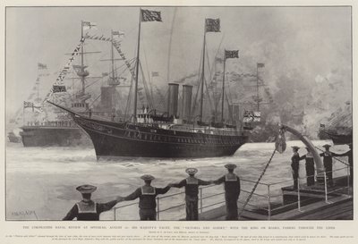 The Coronation Naval Review w Spithead, 16 sierpnia, Jacht Jego Królewskiej Mości, Victoria and Albert, z królem na pokładzie, przepływający przez linie autorstwa Charles John de Lacy