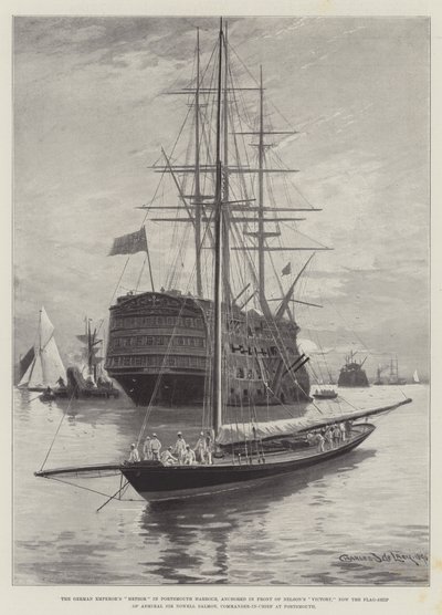 Meteor Cesarza Niemieckiego w porcie Portsmouth, zakotwiczony przed Victory Nelsona, obecnie okręt flagowy admirała Sir Nowell Salmon, głównodowodzącego w Portsmouth autorstwa Charles John de Lacy