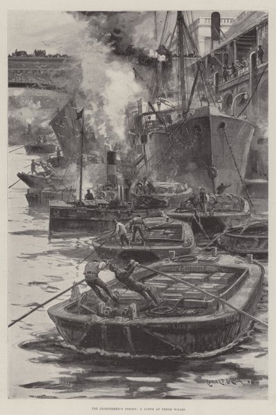 Strajk lichtarzy, scena na nabrzeżu Fresh Wharf autorstwa Charles John de Lacy