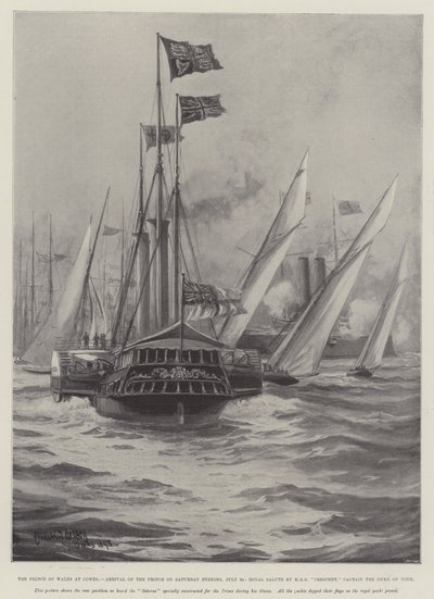 Książę Walii w Cowes, przybycie księcia w sobotni wieczór, 30 lipca, salut królewski przez HMS Crescent, kapitan książę Yorku autorstwa Charles John de Lacy