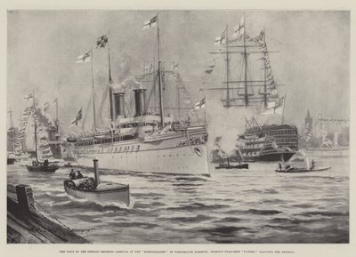 Wizyta cesarza niemieckiego, przybycie Hohenzollernów do portu Portsmouth, zwycięstwo okrętu flagowego Nelsona pozdrawiające cesarza autorstwa Charles John de Lacy