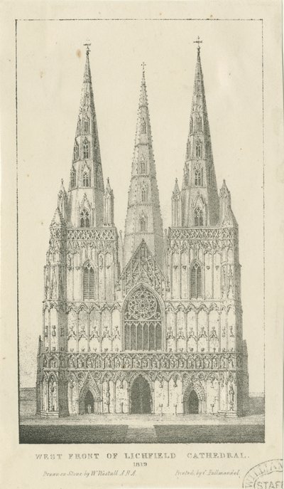 Katedra w Lichfield - front zachodni: grawerowanie autorstwa Charles Joseph Hullmandel