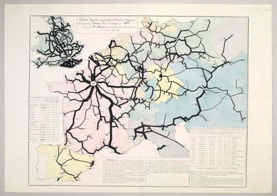 Graficzna i przybliżona mapa Ruchu Wędrowców na głównych liniach kolejowych Europy w 1862, 1865 autorstwa Charles Joseph Minard