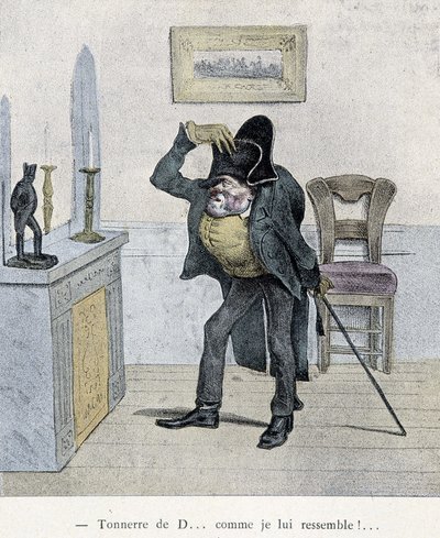Grzmot D... jak ja wyglądam jak on!... Komiks Travies z XIX wieku przedstawiający mężczyznę porównującego się do statuetki Napoleona. autorstwa Charles Joseph Travies de Villiers