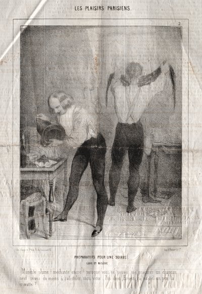 Les Plaisirs Parisiens: Przygotowania do wieczoru. Luksus i nędza. Przeklęte pióro! zły atrament!... autorstwa Charles Joseph Traviès de Villers