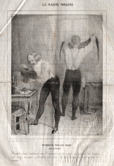 Les Plaisirs Parisiens: Przygotowania do wieczoru. Luksus i nędza. Przeklęte pióro! Zło.... autorstwa Charles Joseph Traviès de Villers