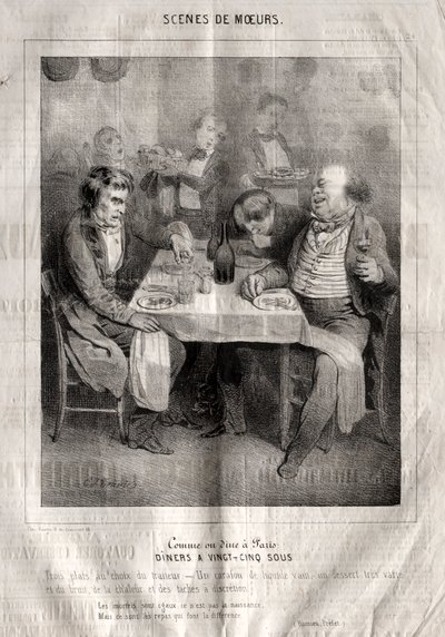 Sceny obyczajowe: Polub lub zjedz w Paryżu. Obiady na dwadzieścia pięć sous. Trzy dania do wyboru cateringu... autorstwa Charles Joseph Traviès de Villers