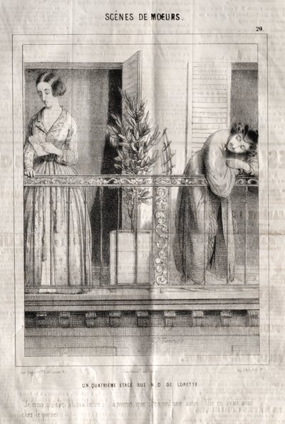 Sceny obyczajowe: Czwarte piętro rue N. D. de Lorette. Myślę, że czyta mój list... chyba że to kolejny. Miała dziewięć u portiera autorstwa Charles Joseph Traviès de Villers
