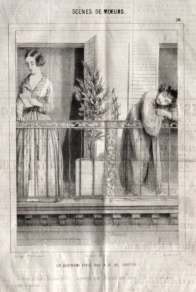 Sceny obyczajowe: Czwarte piętro rue N. D. de Lorette. Wierzę, że czyta mój list.... autorstwa Charles Joseph Traviès de Villers
