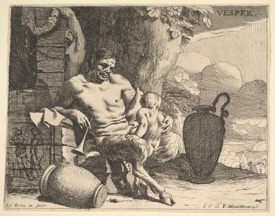 Wieczór: siedzący satyr obejmuje swoje dziecko, postać wisi girlandę na pomoście za nią, f..., ok. godz. 1640. autorstwa Charles Le Brun