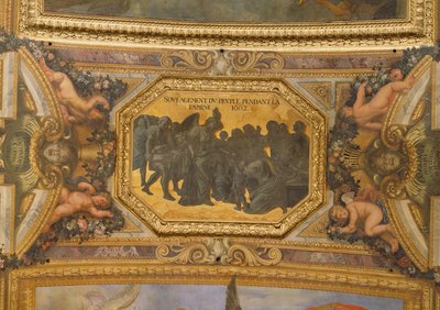Pomoc ludowi podczas głodu w 1662 r., Malowidło na suficie z Galerie des Glaces autorstwa Charles Le Brun