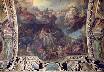 Król Ludwik XIV (1638-1715) rządzący samotnie w 1661, malowidło na suficie z Galerie des Glaces autorstwa Charles Le Brun