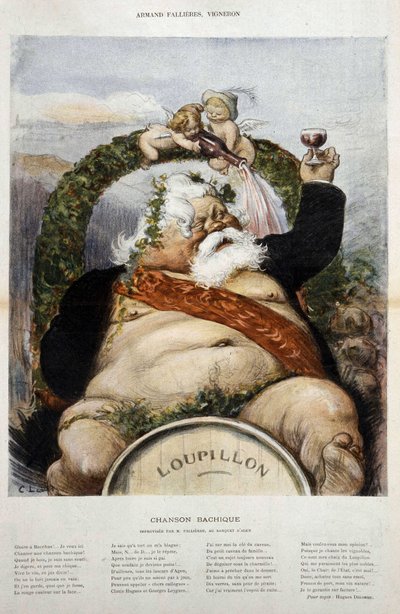Armand Fallières, winiarz: karykatura Fallières en Bacchus (Bacco) - w „Le Laughter” z października 1906 autorstwa Charles Leandre