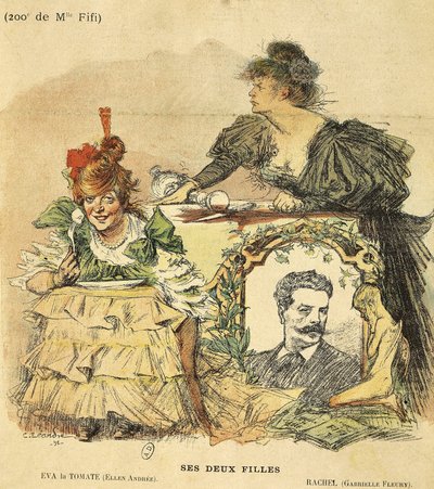Karykatura do dwusetnego przedstawienia Mademoiselle Fifi z powieści Guy de Maupassant (1850-1893) (ilustracja) autorstwa Charles Leandre