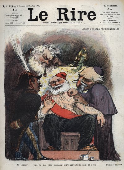 Emile Loubet - Darmowe Prezydenckie Emerytury - Panie Loubet - Ciężko mi wbić ich przekonania w skórę! - (Charles Leandre (1862-1934) kpi z państwa, kościoła i wojska przy łóżku prezydenta LOUBETA, pokryty makonicznymi i innymi znakami) karykatura autorstwa Charles Leandre