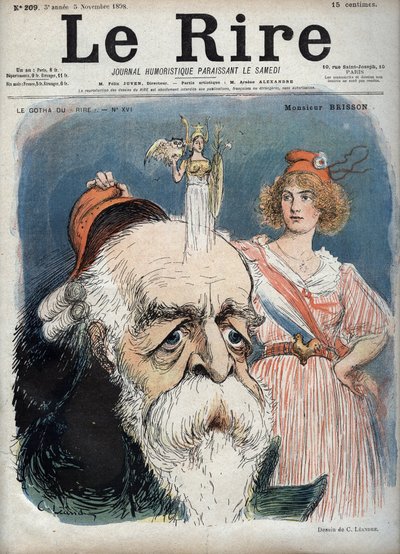 Eugene Henri Brisson (1835-1912), francuski prawnik, dziennikarz i polityk - Marianne podnosi czerwoną czapkę z głowy Bressona i wydaje się, że z jej głowy unosi się bogini Atena ze wszystkimi atrybutami - karykatura Charlesa Leandre (1862-1934) w „” Le Ri autorstwa Charles Leandre