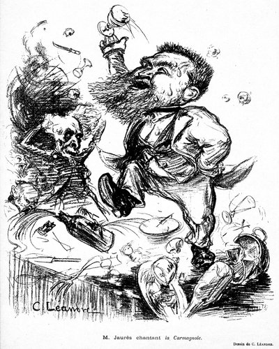 Jean Jaures tańczący i śpiewający Carmagnole na stole bankietowym (prawdopodobnie pijany) obraz w Le Rire nr 105 z 7 listopada autorstwa Charles Leandre