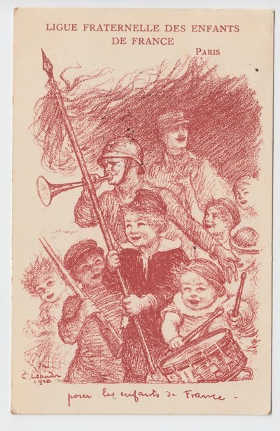 Pocztówka, Satyryka w kolorach: Braterska Liga Dzieci Francji - Wojna 14-18, Dzieciństwo, Dni Patriotyczne Ilustracja Charles Leandre (1862-1934) autorstwa Charles Leandre