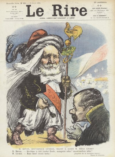 Prezydent Francji Loubet został przyjęty przez Gubernatora Generalnego Algierii Paula Revoila. Ilustracja do Le Rire autorstwa Charles Leandre