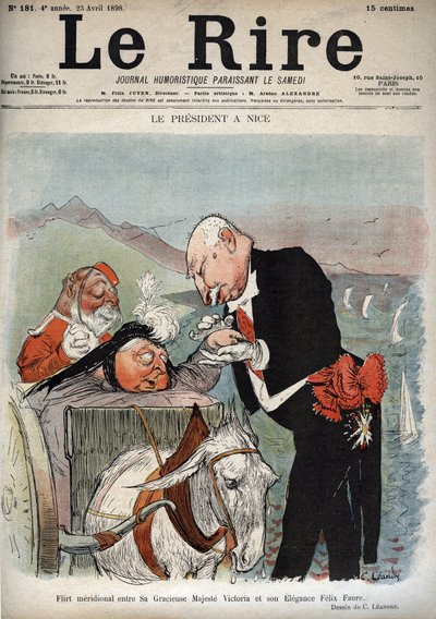 Prezydent w Nicei – Prezydent Francji Felix Faure spotkał się w Nicei z królową Wiktorią – Karykatura Charlesa Leandre (1862-1934) w „Le Rire” z 23 kwietnia 1898 r. autorstwa Charles Leandre