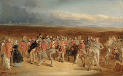 Gotowy szkic The Golfers: A Grand Match rozegrany na St. Andrews Links przez Sir Davida Bairda, Bt. i Sir Ralph Anstruther, Bt. Balcaskie, przeciwko Major Playfair i John Campbell, Esq. Glensaddell, w 1850 autorstwa Charles Lees