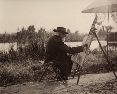Malarz Lhermitte Léon (1844-1925), podczas pracy na brzegu Marny, niedaleko swojej posiadłości, ok. 1914-1915, Francja autorstwa Charles Lhermitte