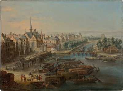 Widok na Arsenał, port Saint Paul i quai des Célestins w Paryżu, lata 30. XVIII wieku. autorstwa Charles Léopold van Grevenbroeck