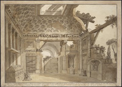 Projekt malowideł w celi Ojca Lesueura w klasztorze Santissima Trinita dei Monti w Rzymie - Charles Louis Clerisseau (1722-1820). Pióro, pędzel, tusz szaro-brązowy, kolor biały na papierze, ok. 1760. Wymiar: 36,9x53 cm. Pustelnia Państwowa, autorstwa Charles Louis Clerisseau