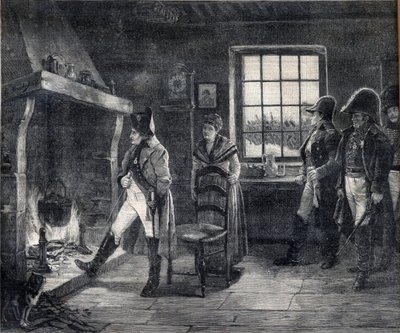 Cesarz Napoleon I rozpalający się ogniskiem w śnieżnym krajobrazie - Napoleon po bitwie pod Waterloo w 1814 r. - rycina wg obrazu Charles Louis (Charles-Louis) Kratke (1848-1921) autorstwa Charles Louis Kratke