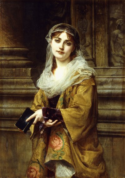 Młoda kobieta przed kościołem, autorstwa Charles Louis Lucien Muller