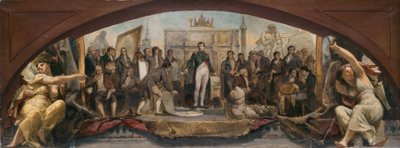 Szkic pawilonu Denona w Luwrze: Les quatre âges artistiques de la France - Présentation des plans à Napoléon, ok. 1864 (olej na płótnie) autorstwa Charles Louis Lucien Muller