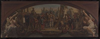 Szkic pawilonu Denona w Luwrze: Les quatre âges de la vie artistique en France - Prezentacja Franciszkowi I planów Château de Fontainebleau, ok. 1864 r. (olej na płótnie) autorstwa Charles Louis Lucien Muller