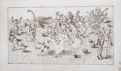Alicja i Czerwona Królowa gra w krokieta, ilustracja z rozdziału IV „Alicji w krainie czarów” (pióro i atrament na papierze) autorstwa Charles Lutwidge Dodgson