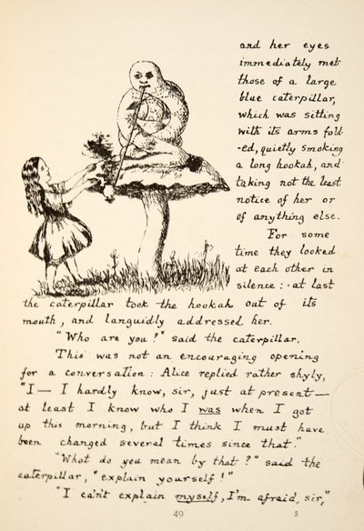 Alice otrzymuje porady od Niebieskiej Gąsienicy, ilustracja z pubu Alice Adventures Under Ground. 1886 (faksymile) autorstwa Charles Lutwidge Dodgson