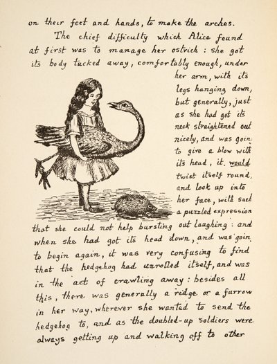 Alicja trzymająca strusia, ilustracja z filmu Alice Adventures Under Ground, wyd. 1886 (faksymile) autorstwa Charles Lutwidge Dodgson