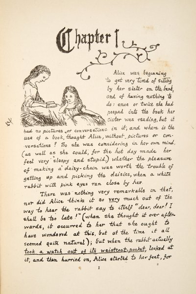 Alicja z siostrą, ilustracja z filmu Alice Adventures Under Ground, wyd. 1886 (faksymile) autorstwa Charles Lutwidge Dodgson
