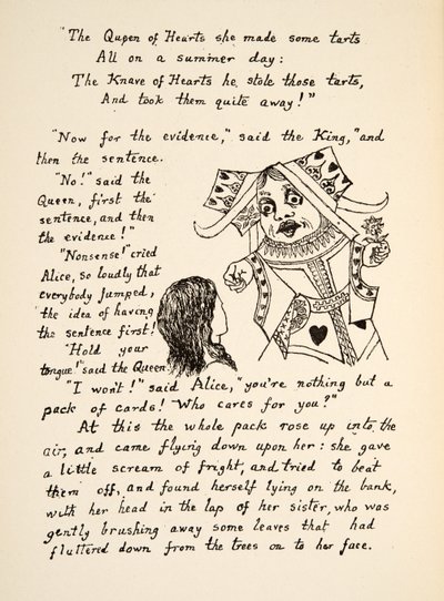 The Red Queen says Hold your tongue to Alice, ilustracja z Alices Adventures Under Ground, pub. 1886 (faksymile) autorstwa Charles Lutwidge Dodgson
