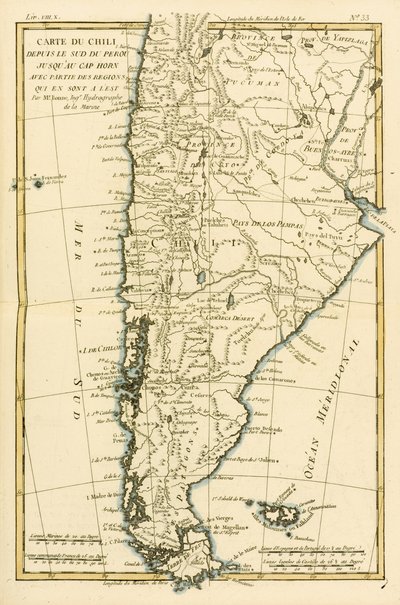 Chile, od południa Peru do Przylądka Horn, z „Atlas de Toutes les Parties Connues du Globe Terrestre” Guillaume Raynal (1713-96) opublikowane w Genewie, 1780 autorstwa Charles Marie Rigobert Bonne