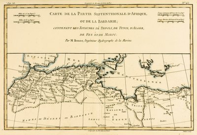 Afryka Północna, w tym królestwa Trypolisu, Tunisu, Algieru; Fez i Maroko, z Atlas de Toutes les Parties Connues du Globe Terrestre przez Guillaume Raynal (1713-96) opublikowane Genewa, 1780 (kolor autorstwa Charles Marie Rigobert Bonne