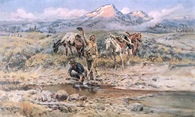 Odkrycie wąwozu Last Chance Gulch" Montana (litografia kolorowa) autorstwa Charles Marion Russell