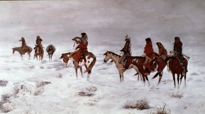 „Zagubieni w burzy śnieżnej – We Are Friends” 1888 (olej na płótnie) autorstwa Charles Marion Russell