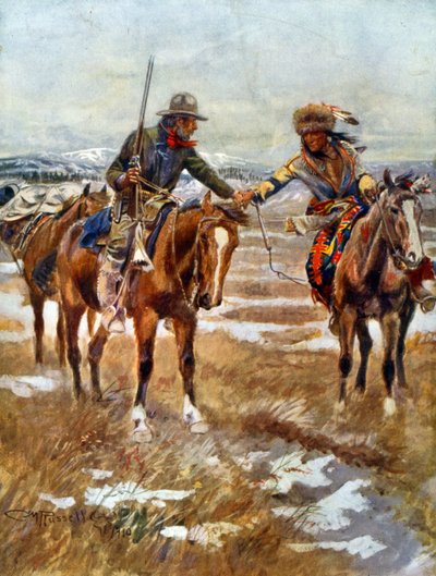 Spotkanie Amerykanów i rdzennych Amerykanów ściskających dłonie na koniach autorstwa Charles Marion Russell