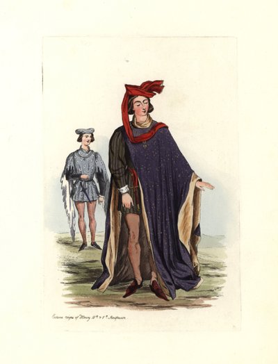 Typowy strój męski z czasów króla Henryka IV i Henryka V, ilustracja z „Civil Costumes of England from the Conquest to the Present” autorstwa Charles Martin
