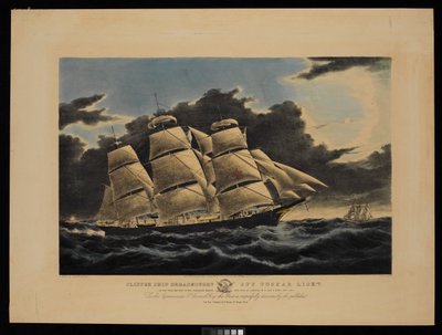 Kliper Dreadnought u wybrzeży Tuskar Light 12 i pół dnia od Nowego Jorku podczas słynnego przejścia do doku w Liverpoolu w 13 dni i 11 godzin w grudniu 1854 roku... (litografia, kolorowana) autorstwa Charles & Mcfarlane Duncan (1818 1865) Parsons