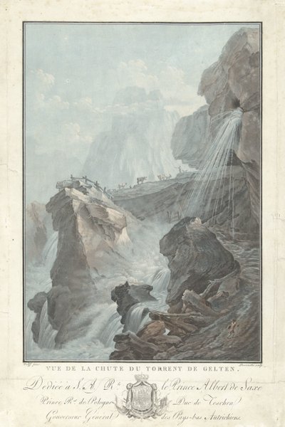 Widok na wodospad Gelten Widok na Chute du Torrent de Gelten (tytuł na obiekcie) Niezwykłe widoki na góry Szwajcarii (tytuł serii) autorstwa Charles Melchior Descourtis