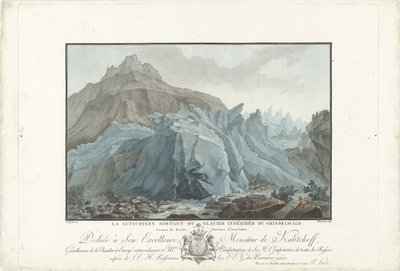 Gletsjer w Grindelwald Lutschinen wyłaniający się z lodowca Lower Grindelwald. Kanton Berno, prowincja Interlaken (tytuł na obiekcie) Niezwykłe widoki na góry Szwajcarii (tytuł serii) autorstwa Charles Melchior Descourtis